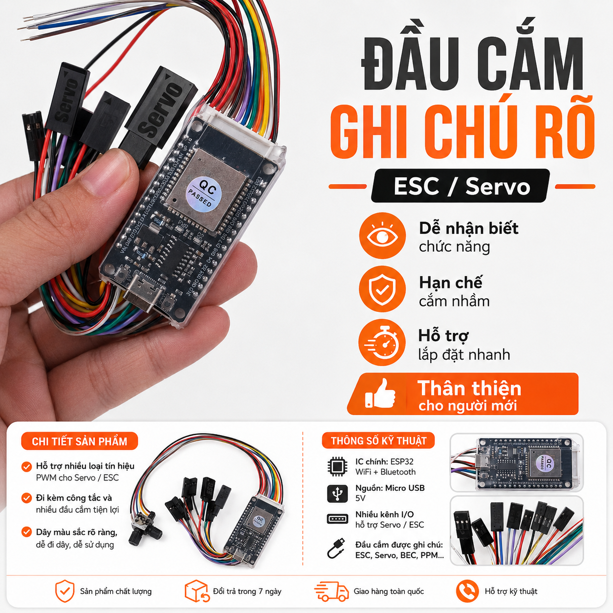 Đầu cắm ESC và servo được ghi chú rõ